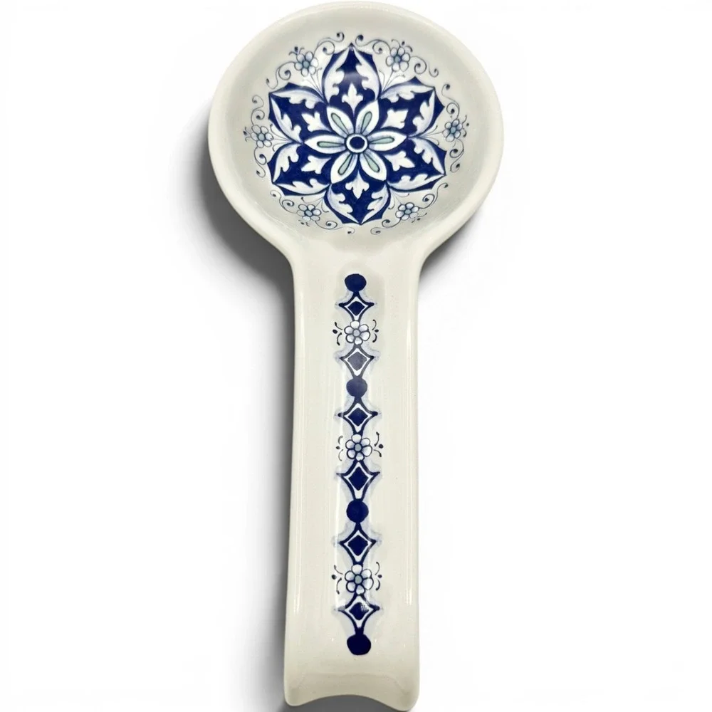 Nova Deruta Italy Blue & White Ceramic Spoon Rest Floral Italian Pottery